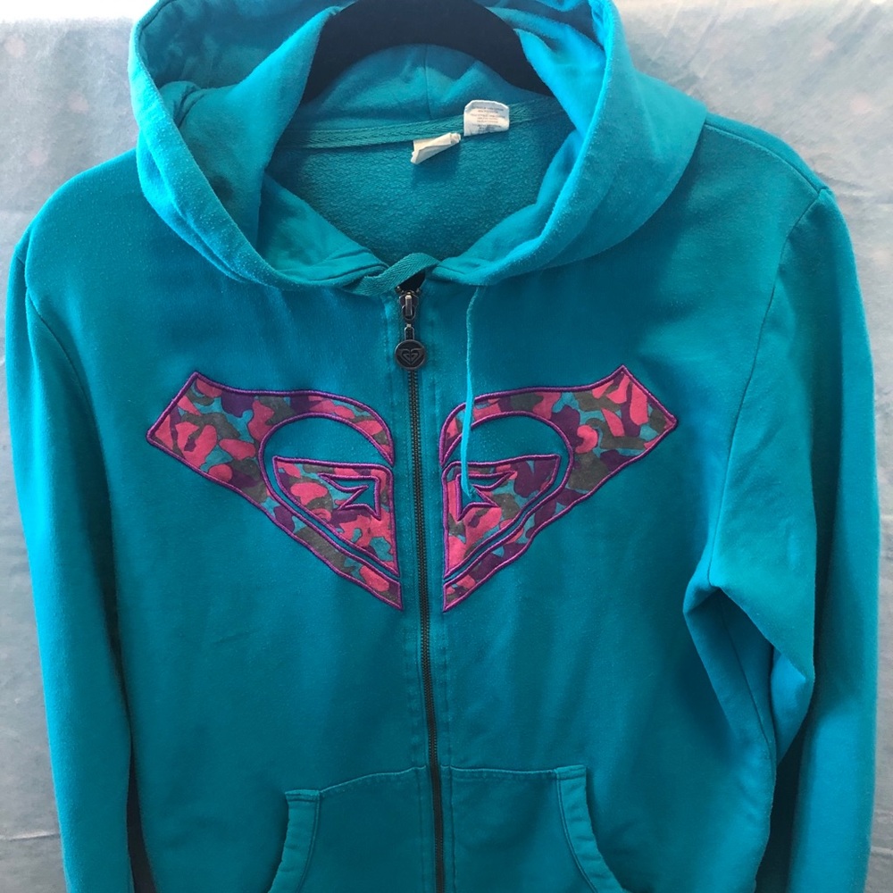 XL Roxy hoodie turquoise with pink & purple logo